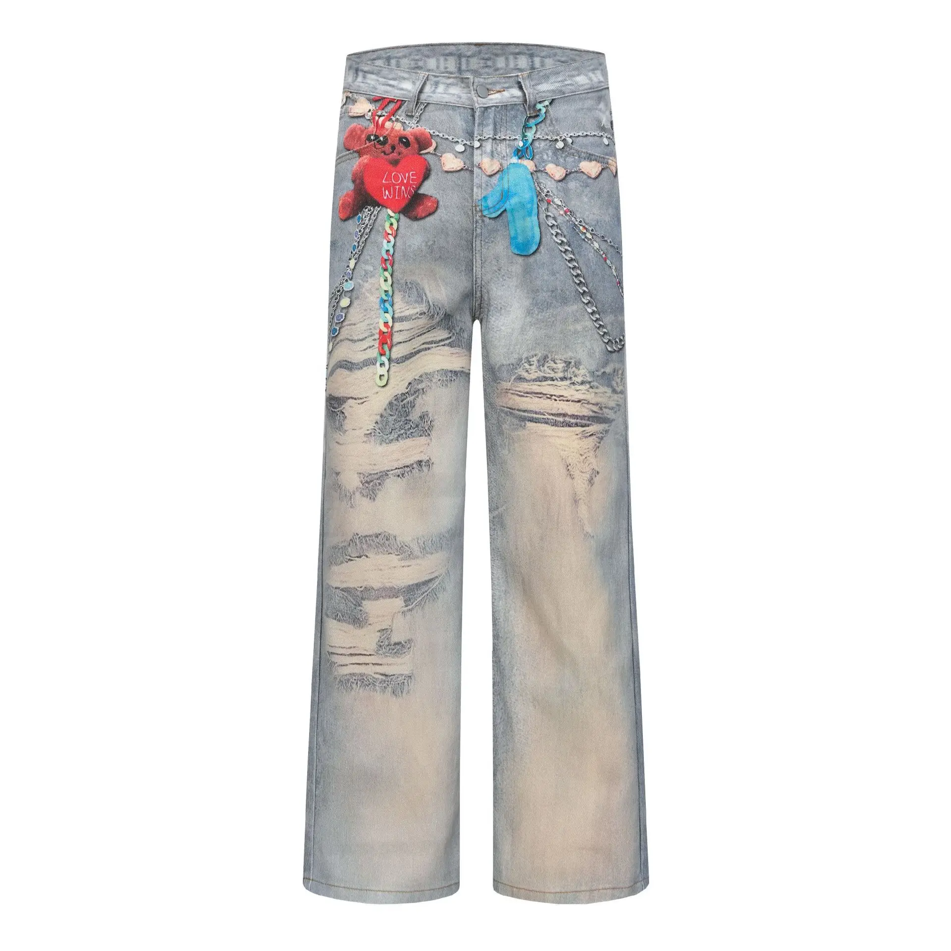 Men High Street Graffiti Hip Hop Jeans Pants Fashion Streetwear Painted Denim Trousers Washed Printed Graffy Jeans Straight Fit