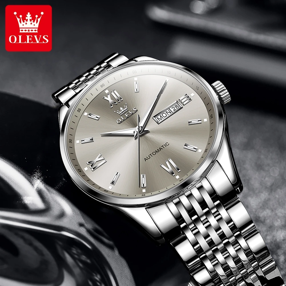 OLEVS Brand Business Men Mechanical Watch for Men Luxury Stainless Steel Waterproof Luminous Week Calendar Fashion Mens Watches