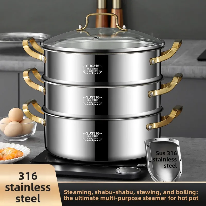 Stainless Steel Multi Layer Steamer Pot Home Use Basket Dumplings Rice Fish Induction Gas Compatible Multi Layer Large Capacity