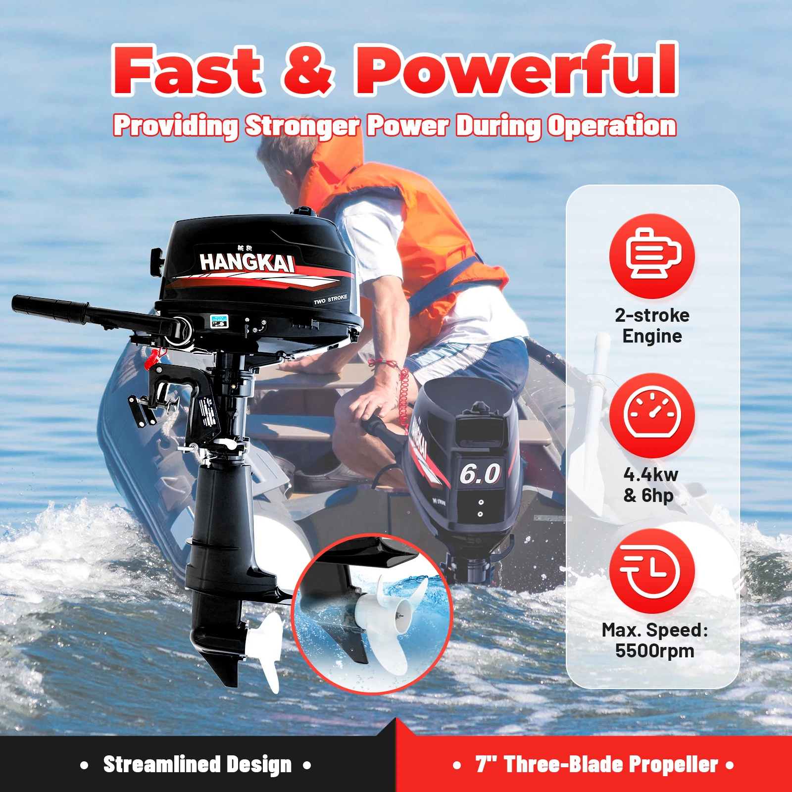 

6HP 2-Stroke Outboard Motor, 102CC Manual Start with CDI Ignition & Water Cooling, 360° Steering for Fishing Dinghy Inflatable