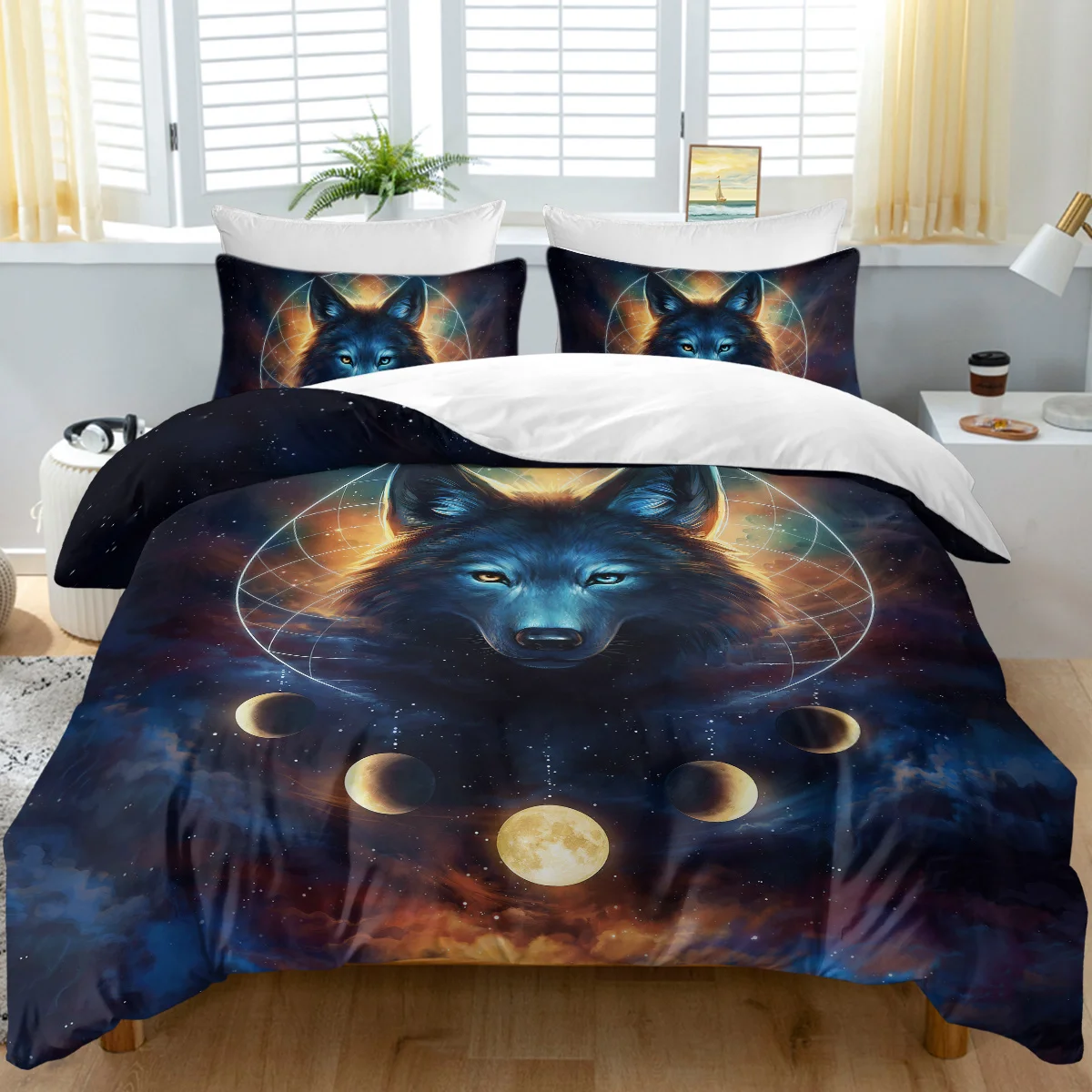 

3pc Handsome Wolf and Eclipse of the Moon Design Bedding Set Quilt Cover with Zipper Closure 1 Duvet Cover and 2 Pillow Cases