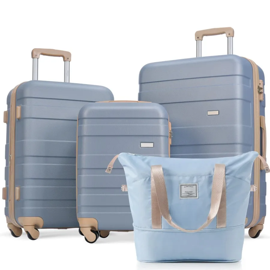 4 Piece Expandable ABS Durable Suitcase Set with Travel Bag Carry On Luggage with 360° Spinner Wheels Light Blue