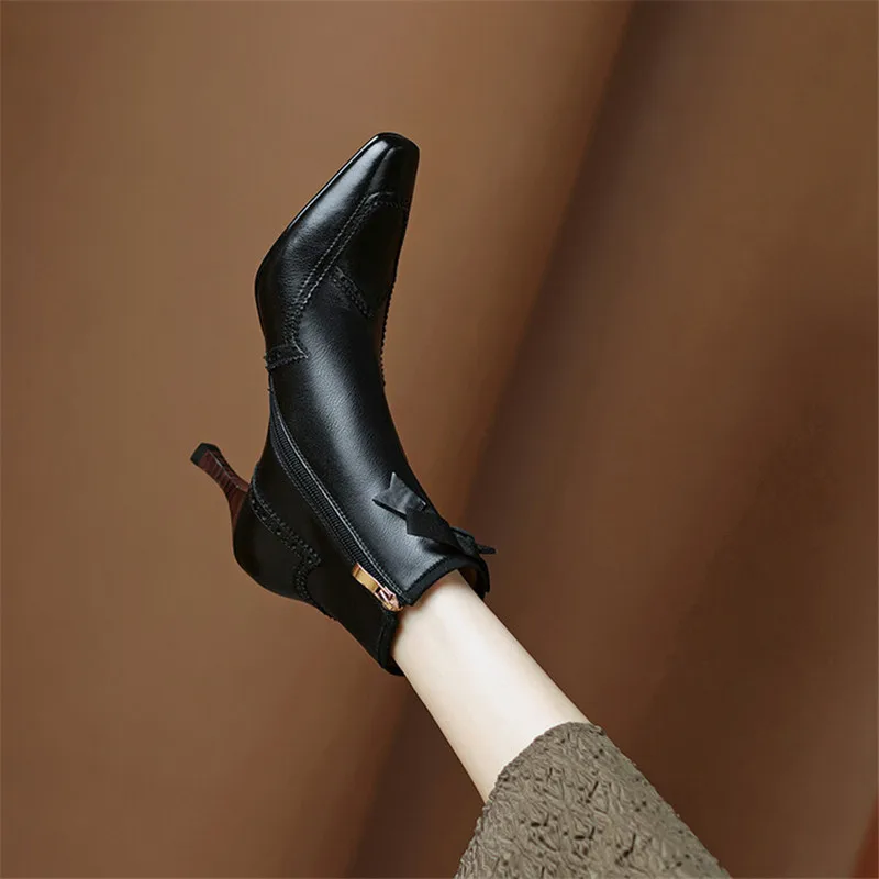 New 2023 Autumn Winter Bullock Women Shoes High Heel Genuine Leather Boots for Women Square Toe Boots Zipper Bow Ankle Boots