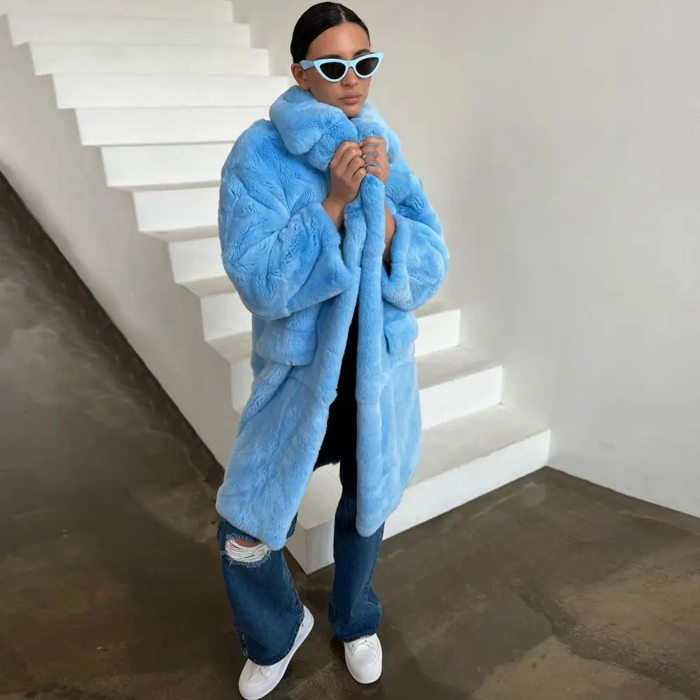 Fashion Blue Womens Real Rex Rabbit Fur Long Coat Thick Genuine Fur Trench Lapel Jacket Winter Natural Fur Warm Overcoat