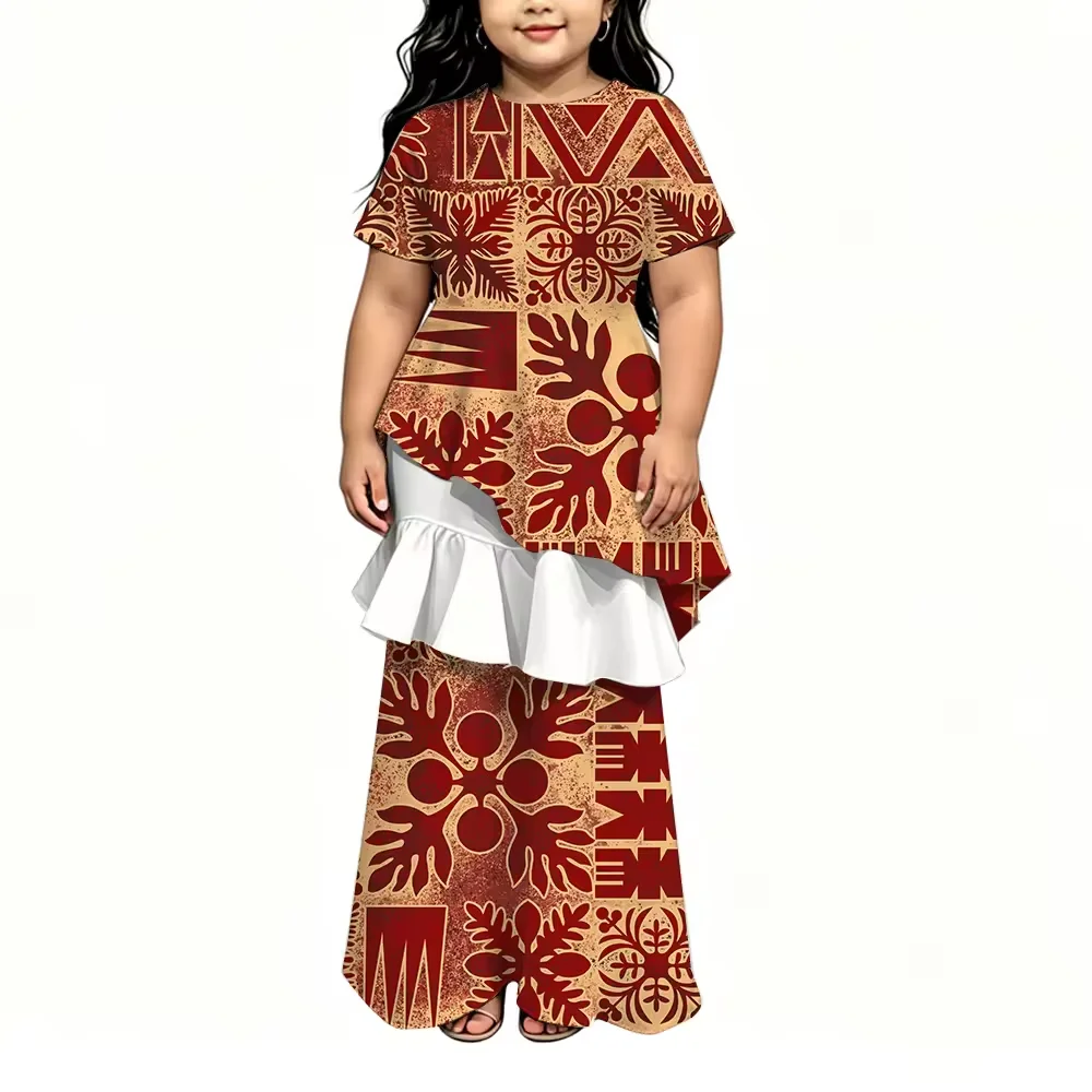 New Custom Polynesian Tribal Print Short Sleeve Asymmetrical Top Ruffle Waistband Floor Length Skirt