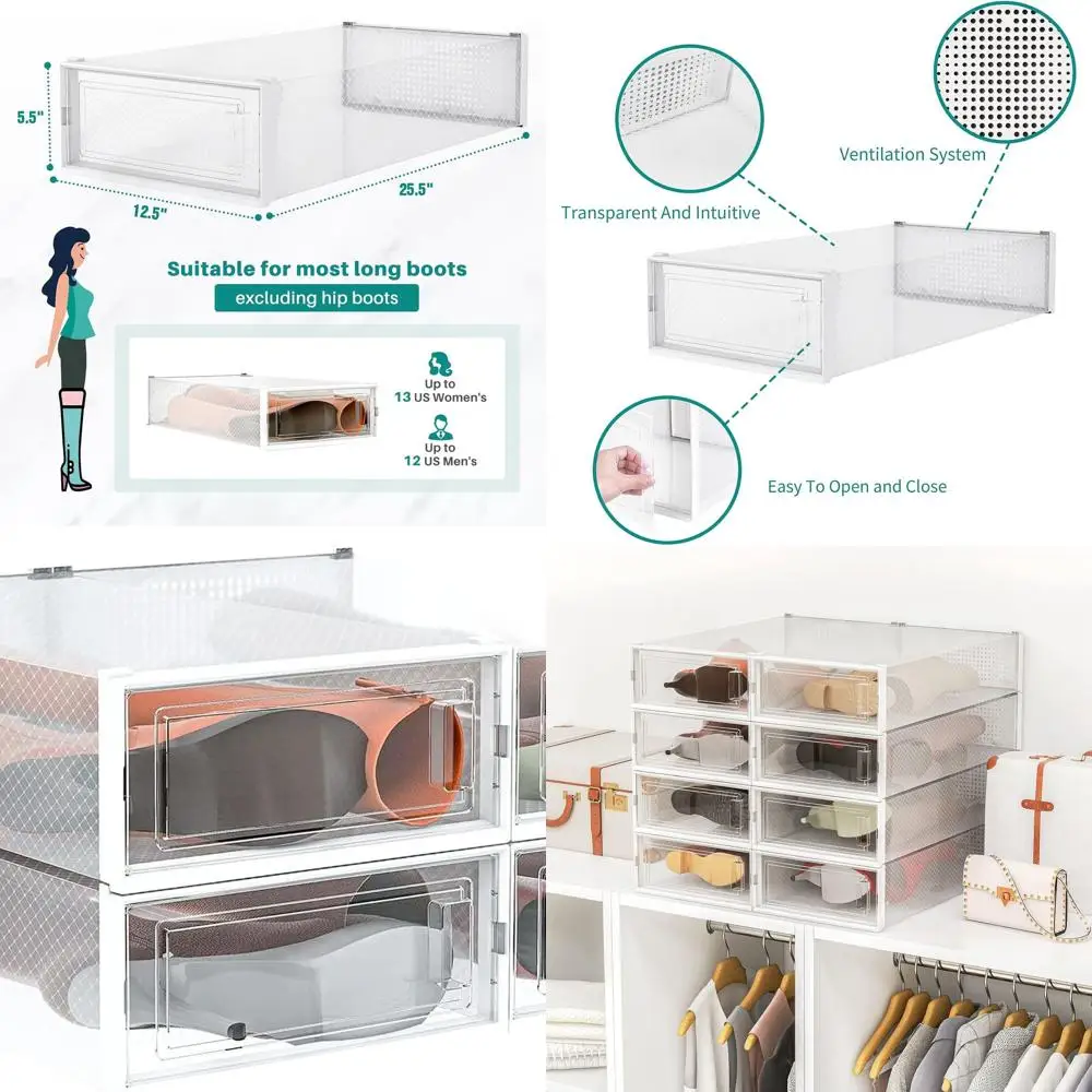

Штабелируемые прозрачные пластиковые коробки для обуви для очень больших ботинок, кроссовок и высоких каблуков — компактное хранилище