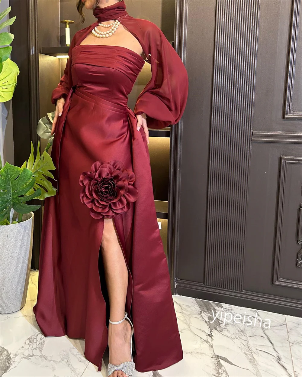 Robe de Bal Longue en Satin à Fleurs, Tenue de Soirée Formelle, à Col Haut, sur Mesure, Arabie Saoudite