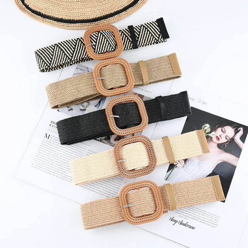 Korean Fashion Women Grass-like Belts Woven Wide Simple Round Button Belt Cotton Linen Elastic Woven High Elastic Dress Belt