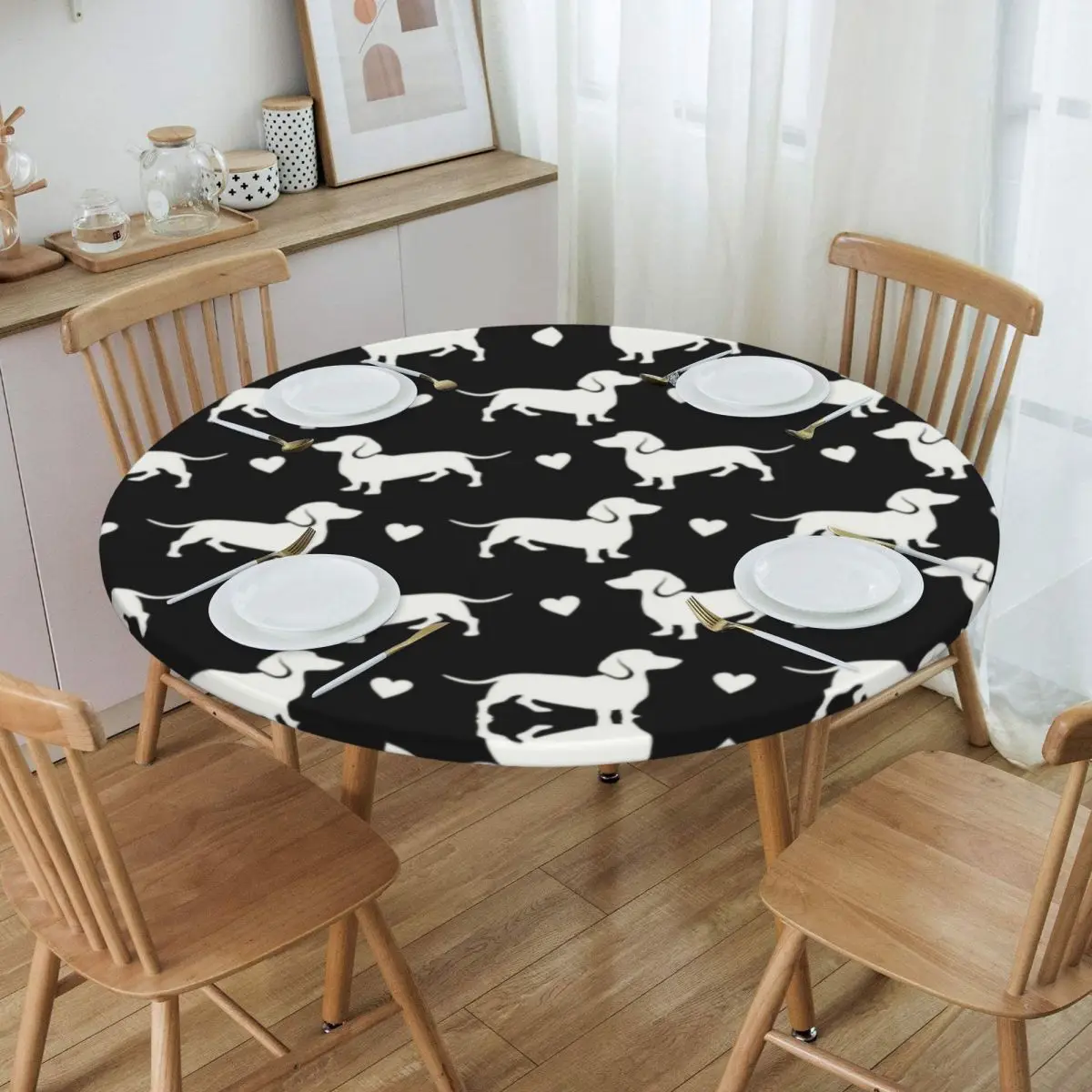 

Round Sausage Wiener Badger Dogs Table Cloth Oilproof Tablecloth 40"-44" Table Cover Backed with Elastic Edge