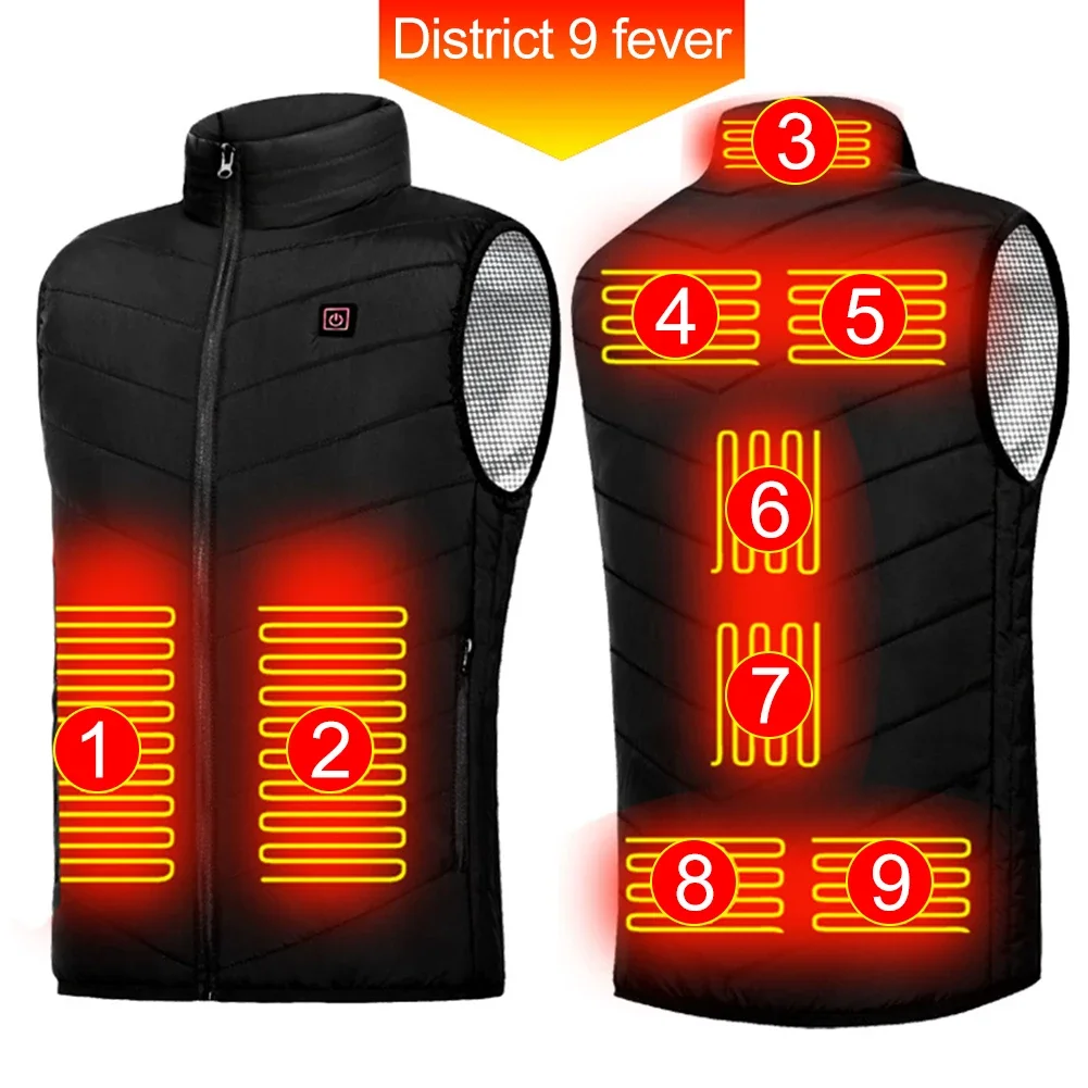 

9 Places Heated Vest Men Women Usb Heated Jacket Heating Vest Thermal Clothing Hunting Vest Winter Heating Jacket Black S-7XL