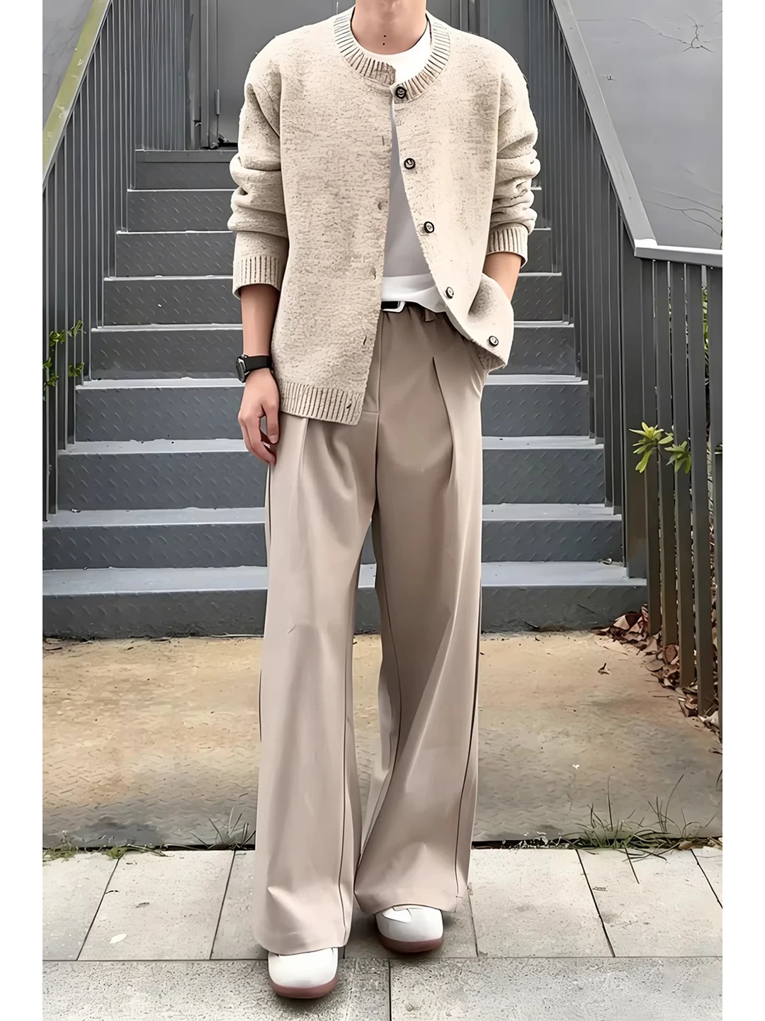 

Casual Pleated Men's Khaki Wide Leg Pants Busin Sle Suit Trousers Vintage American Folded Long Trousers Lightweight Mature