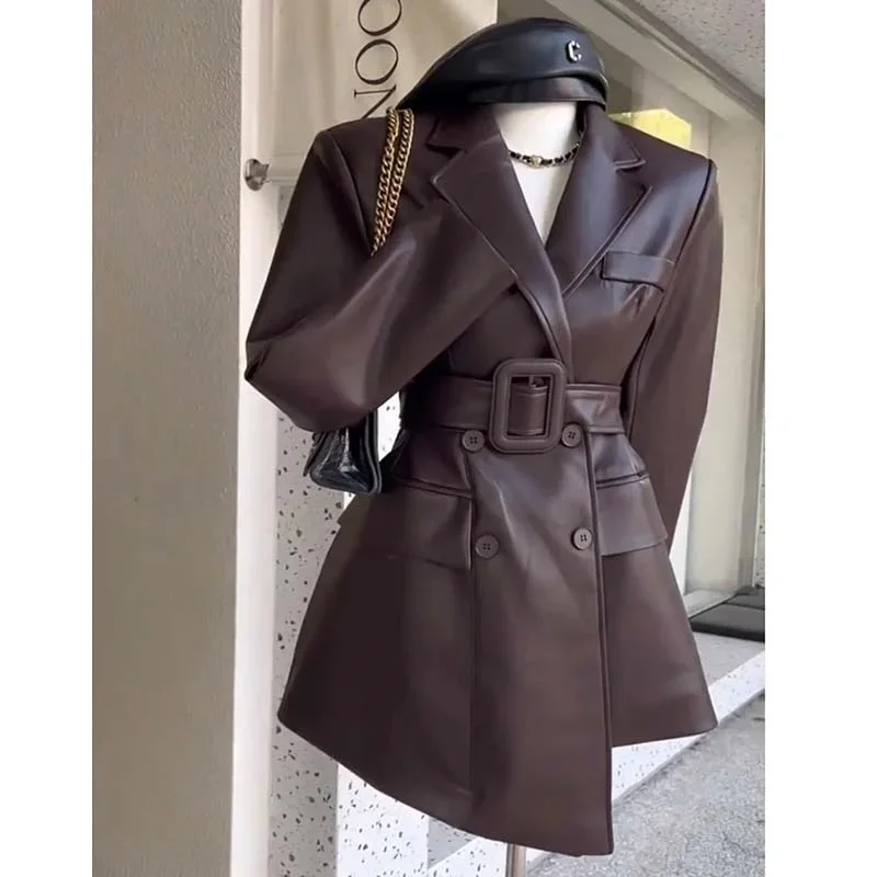 Kaffee Farbe Blazer Retro Schöne PU Leder Jacke frauen Herbst High-End-Gefühl Taille Cinching Anzug Jacke trendy JJ434