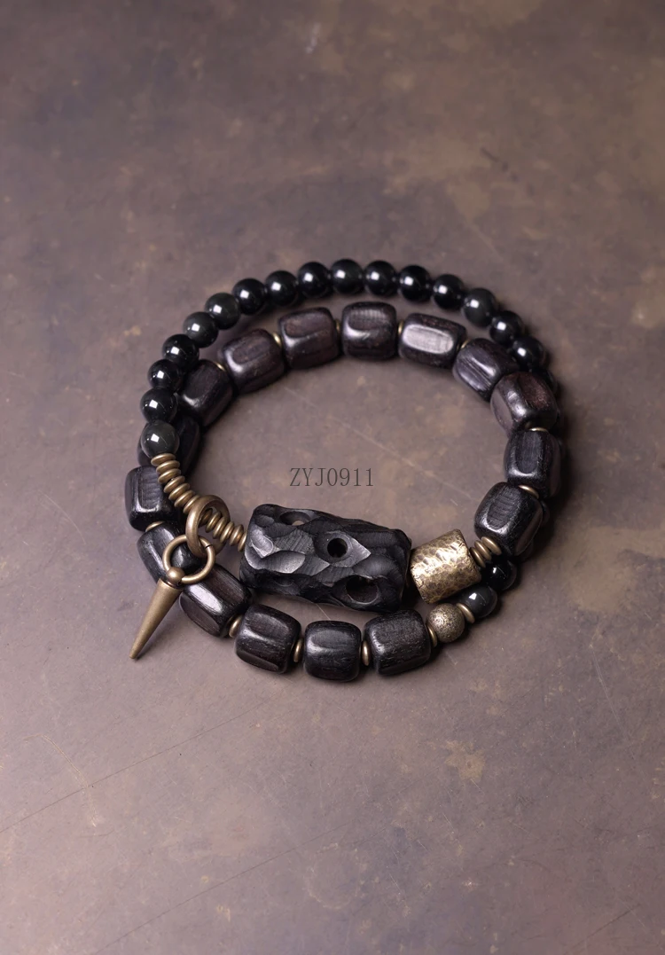 Pulseira artesanal de design de obsidiana de ébano personalidade feminina círculo duplo na moda legal pulseira retrô masculina