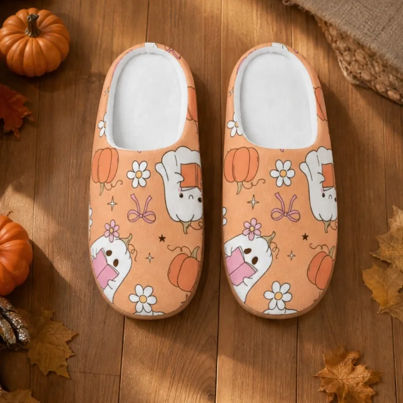 Cute Halloween Pumpkin Ghost Graphic House Shoes Autumn Winter Slip on Indoor Shoes Halloween Vibes Flannel Cotton Slippers