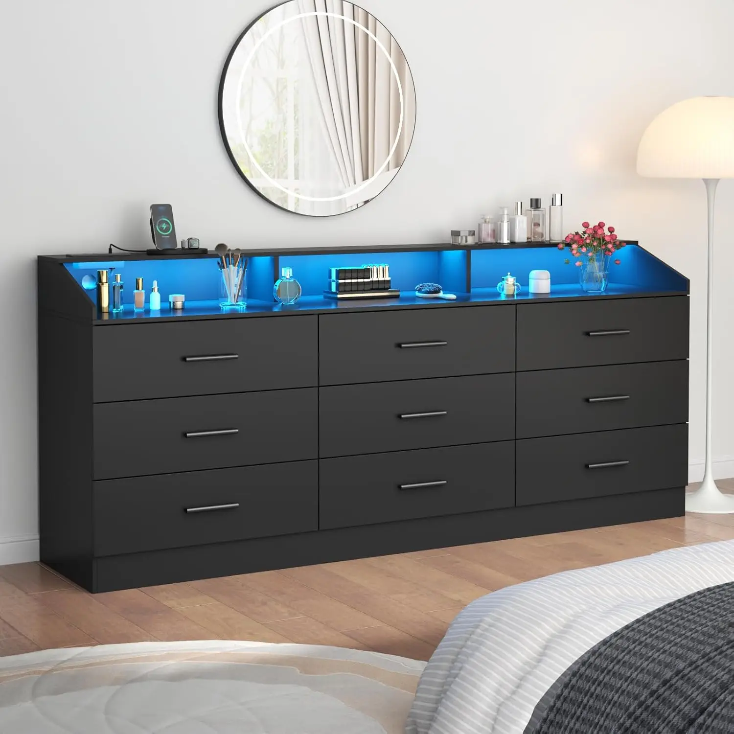 9 Drawers Dresser For Bedroom With Power Outlet, Chest Of Drawers With Led Light, Modern Dresser With Open Storage Cubby,