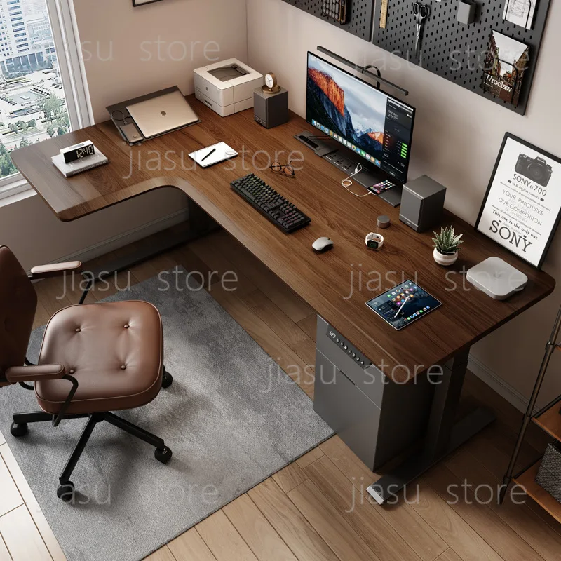L‑Shaped Corner Electric Height‑Adjustable Desk, Faux‑Leather Solid Wood Workstation for Home Study Office Computer Desk