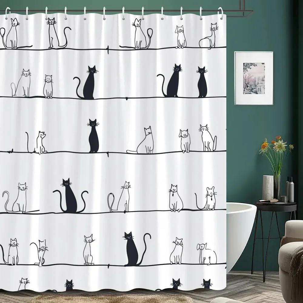 Cartoon Cat Shower Curtain Black and White Line Cat Colourful Footprints Polyester Fabric Home Shower Curtains Bathroom Decor
