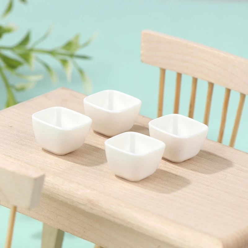 4Pcs 1:12 Dollhouse Mini Square Bowl White Rice Bowl Model Tableware Kitchen Accessories For Doll House Decor Kids Play Toys