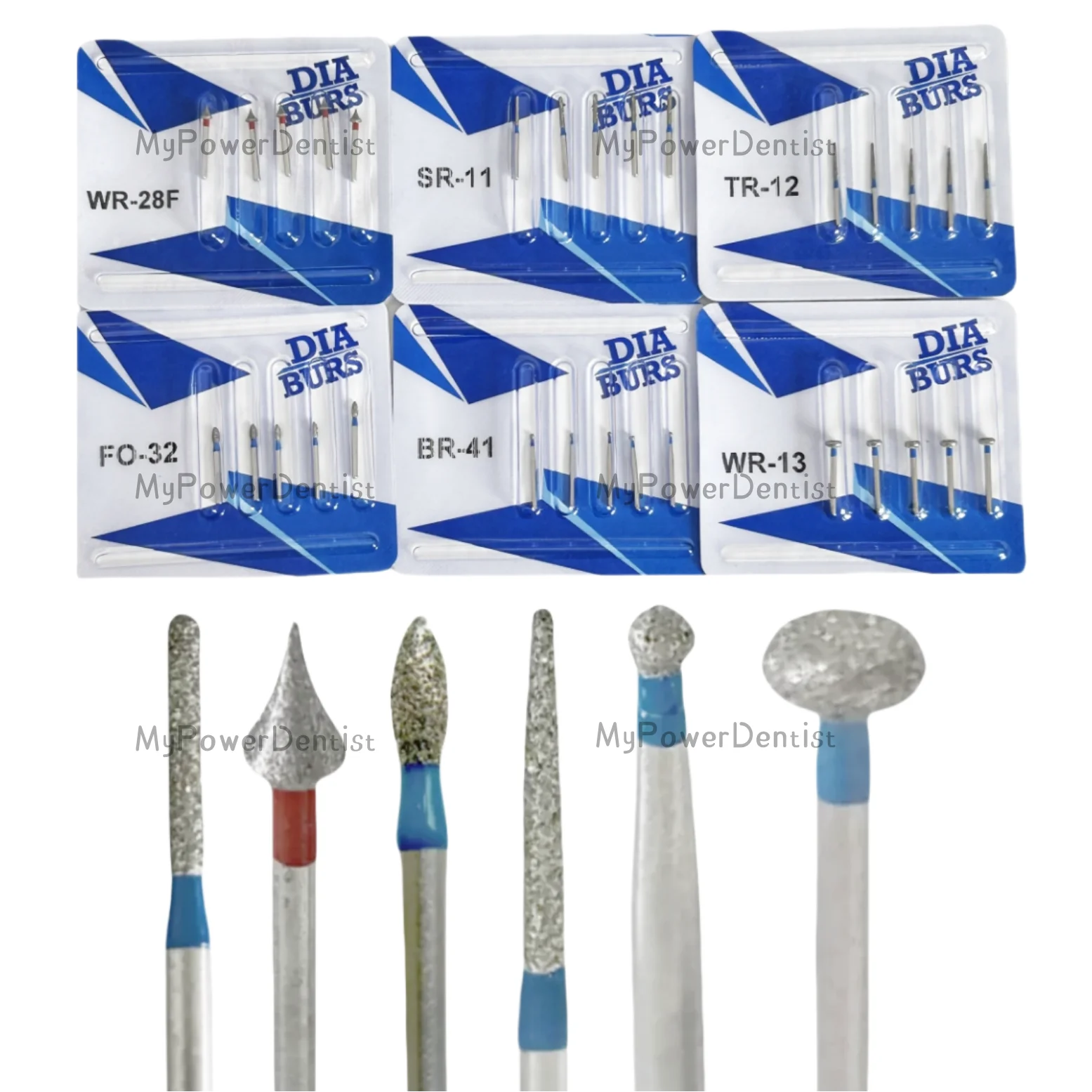 

6Size Dental Diamond Burs for High Speed Handpiece Friction Grip WR-28F/WR-13/TR-12/BR-41/FO-32/SR-11