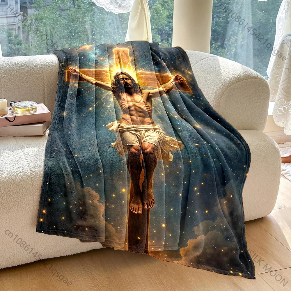 1PC Jesus on the Cross starry sky Print Blanket Warm Soft Fluffy Kids and Adult Sofa Bed Throw Blanket Outdoor Travel Camping RV