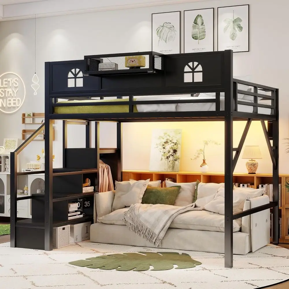 

Metal Loft Bed with Stairs, Wardrobe, and House-Shaped Guardrails for Kids, Black