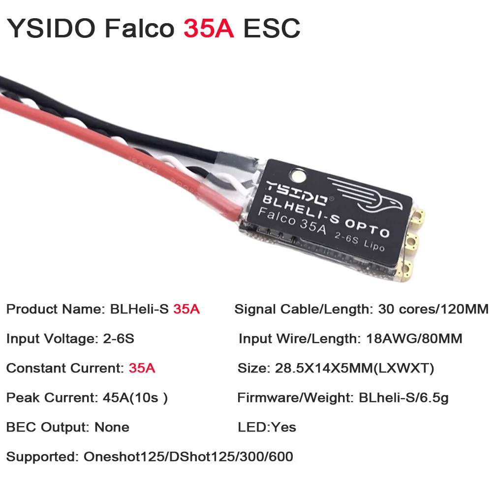 YSIDO Falco 35A 45A BLHeli_S ESC 2-6S Lipo bezszczotkowy kontroler elektroniczny z podświetleniem LED DSHOT125/300/600 dla drona