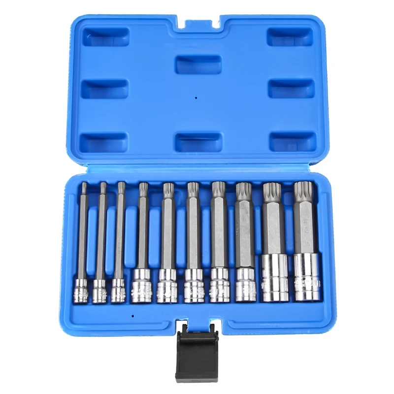 

10 Piece 4 Inch Spline Tip Bit Socket Set M-Type Universal Sleeve M4-M18 Triple Square Spline Bit Socket Set