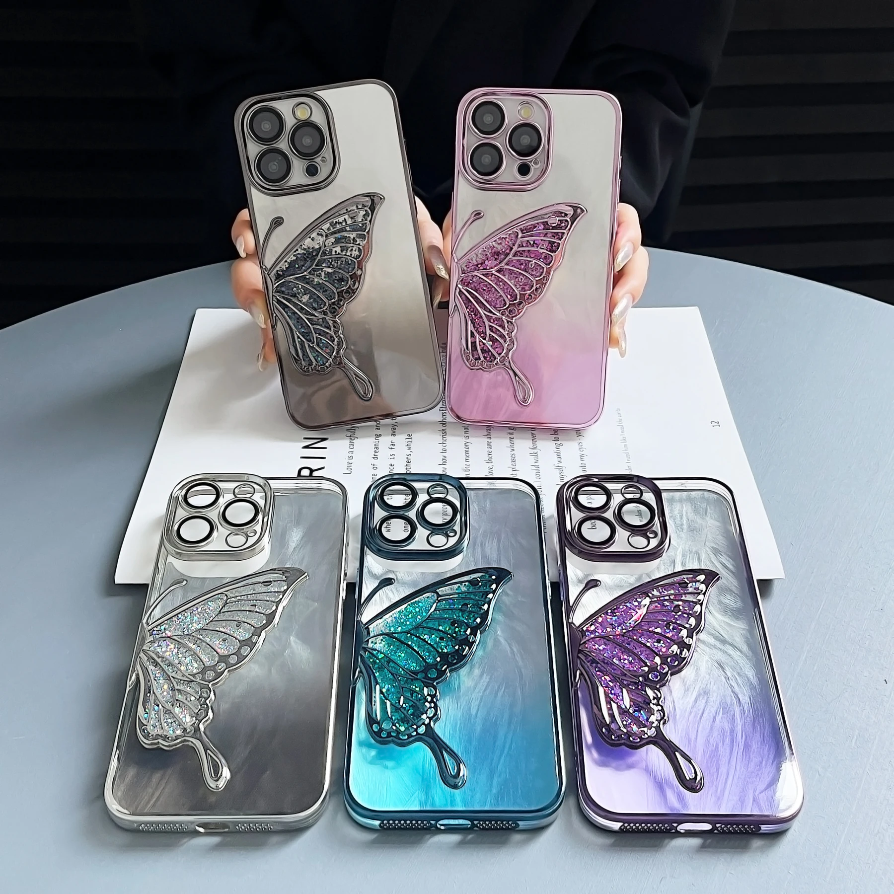 Luxury Gradient Glittering 3D Butterfly Zircon Fashionable Phone Case for iPhone 15 14 11 12 13 Pro Max Plus Back Cover