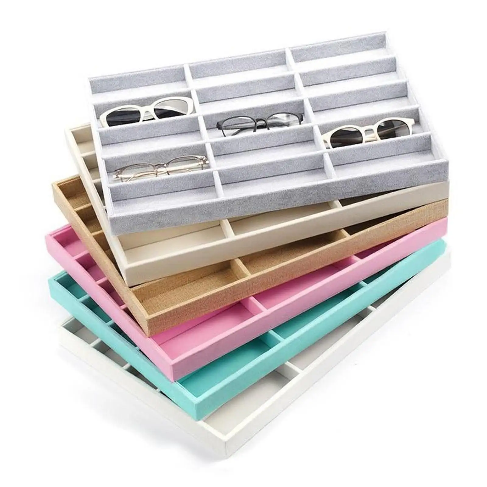 Eyewear Storage Case Soft Velvet 15 Slot Glasses Organizer Tray for Sunglasses Collection Home or Shop