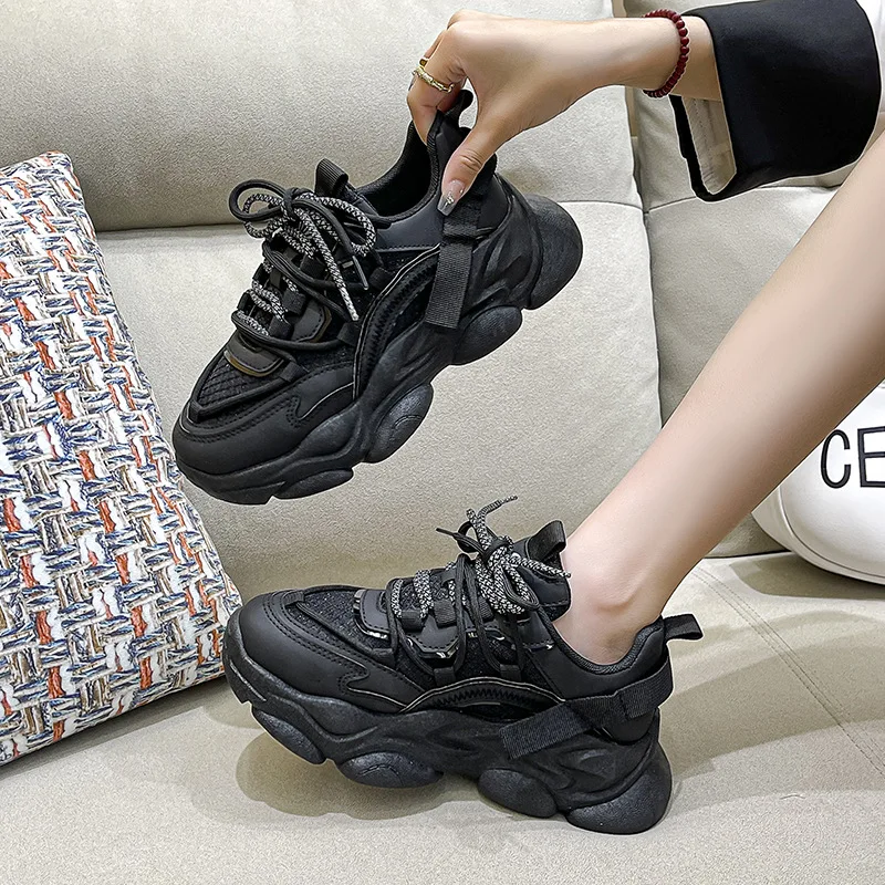 Black Platform Shoes for Women Sneakers Casual White Outdoor Fashion Tennis Sports Shoes Walk Chunky Sneakers Women 2024 Spring