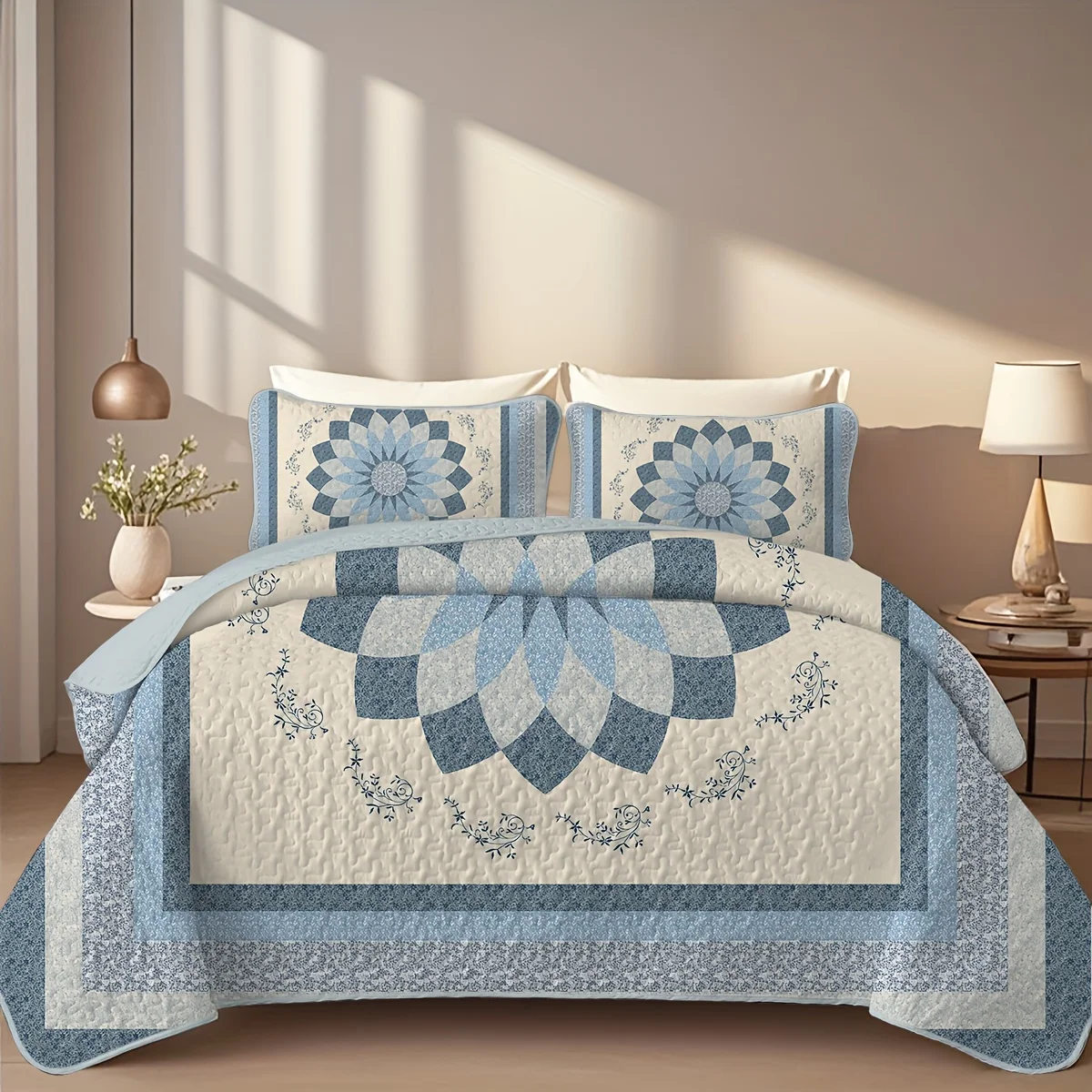 

2/3pcs Elegant Blue Floral Print Quilt Set(1 Quilt + 1/2 Pillowcases), 100% Polyester Material Is More Breathable In Summer, Lightweight And Durable Bedding Set, All Seasons, Perfect Choice for Room Decor Bedspread Set