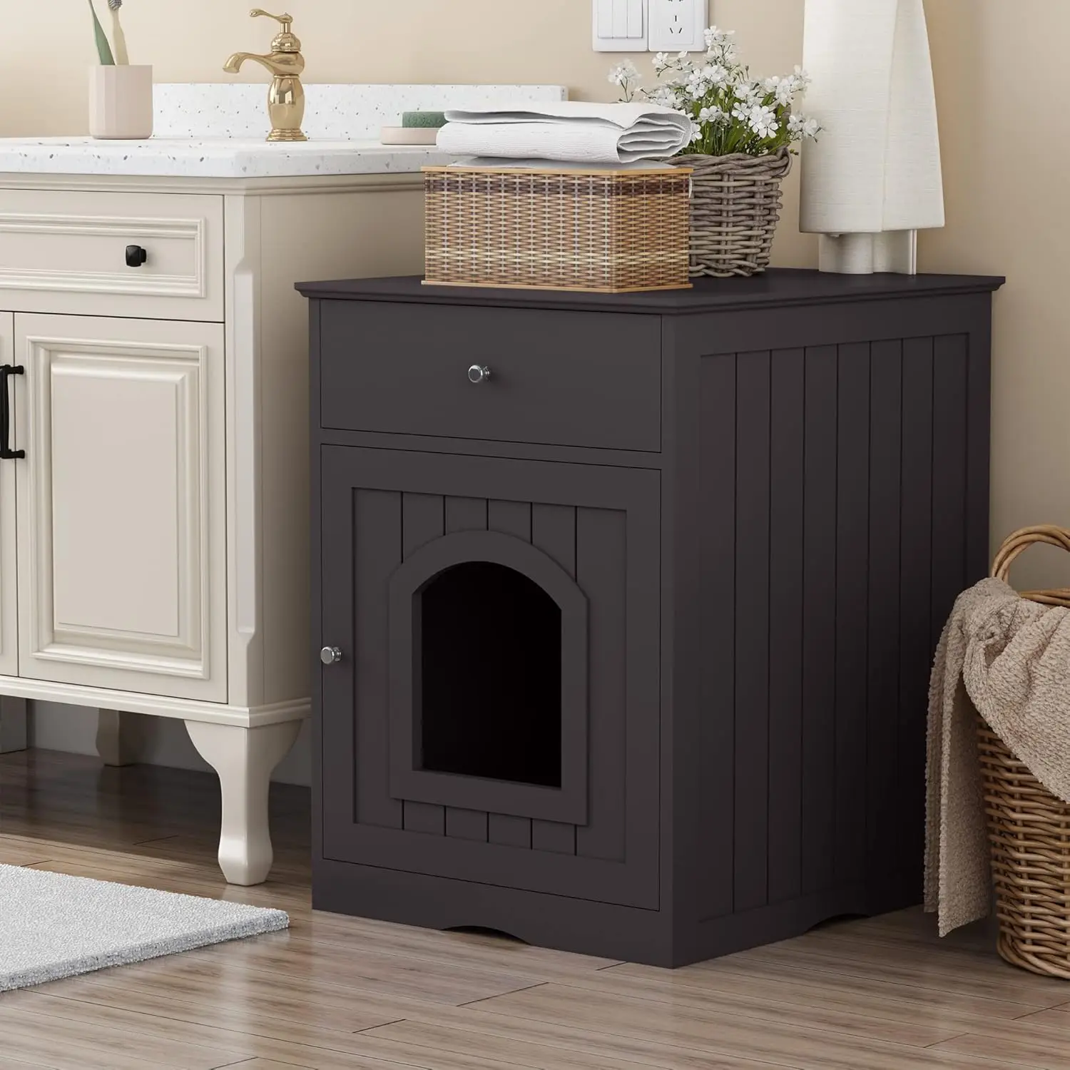 mit Schublade, viel Platz, Holz, modernes Katzentoilettengehäuse für Haustiere im Innenbereich, 19,09 x 20,87 x 25 Zoll