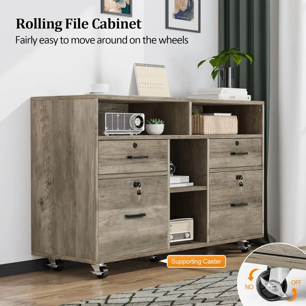 خزانة ملفات دوارة باللون الرمادي الريفي ذات 4 أدراج مع مساحة تخزين قابلة للقفل وأرفف مفتوحة وحامل للطابعة