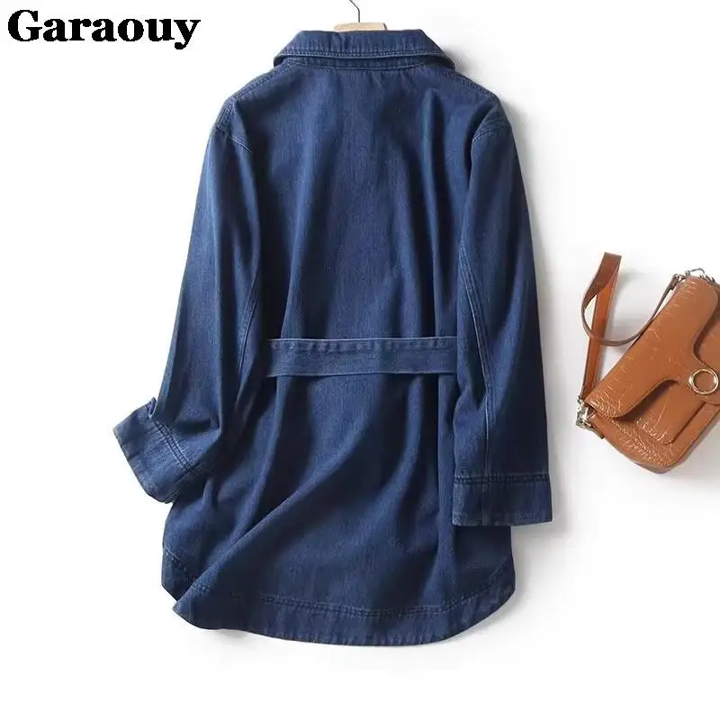 Garaouy 2023 Women Vintage Lapel Belt Loose Denim Shirt Jacket Coat+Elastic High Waist Wide Leg Jeans Pants Casual Simple Suit