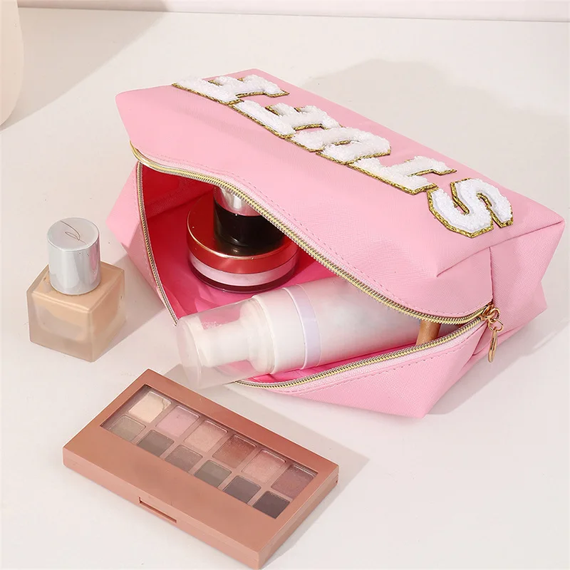 Folding Cosmetics Bag Letter Patches PU Leather Makeup Bag Fashion Make Up Organizer Large Capacity Waterproof Toiletries Bags