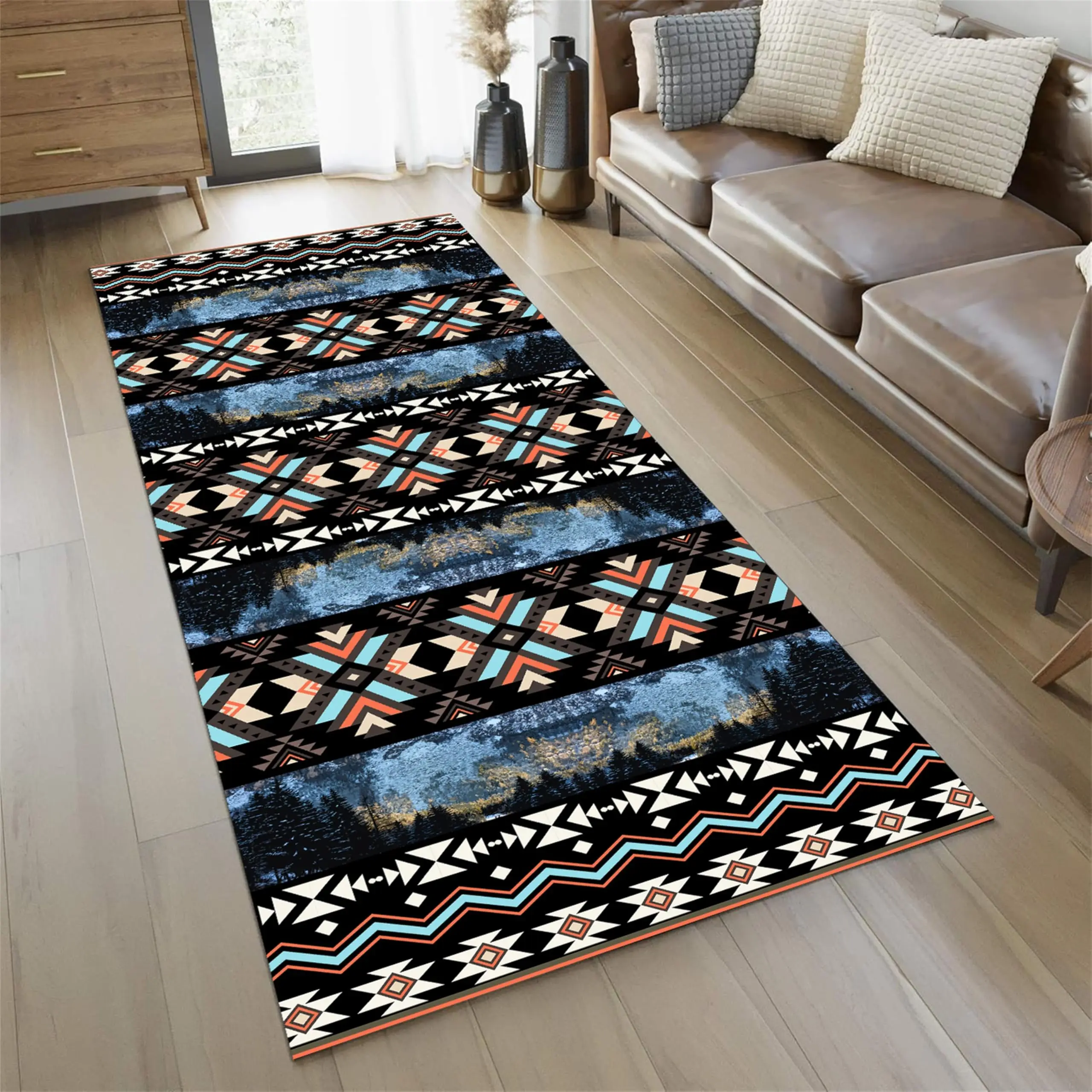 Southwestern Tribal Long Mat Aztec Geometric Area Carpet Forest Landscape Native Totem Runner Hallway Corridor Floor Rug