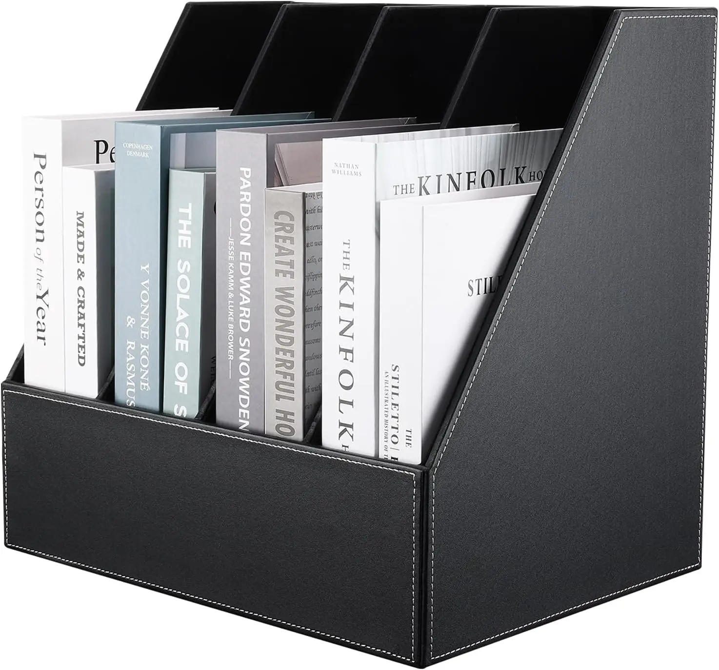 4-Slot Wood Leather Document Files Holder Rack Stand Desk Files Organizer Papers Collection Cabinet (4 slot Black)