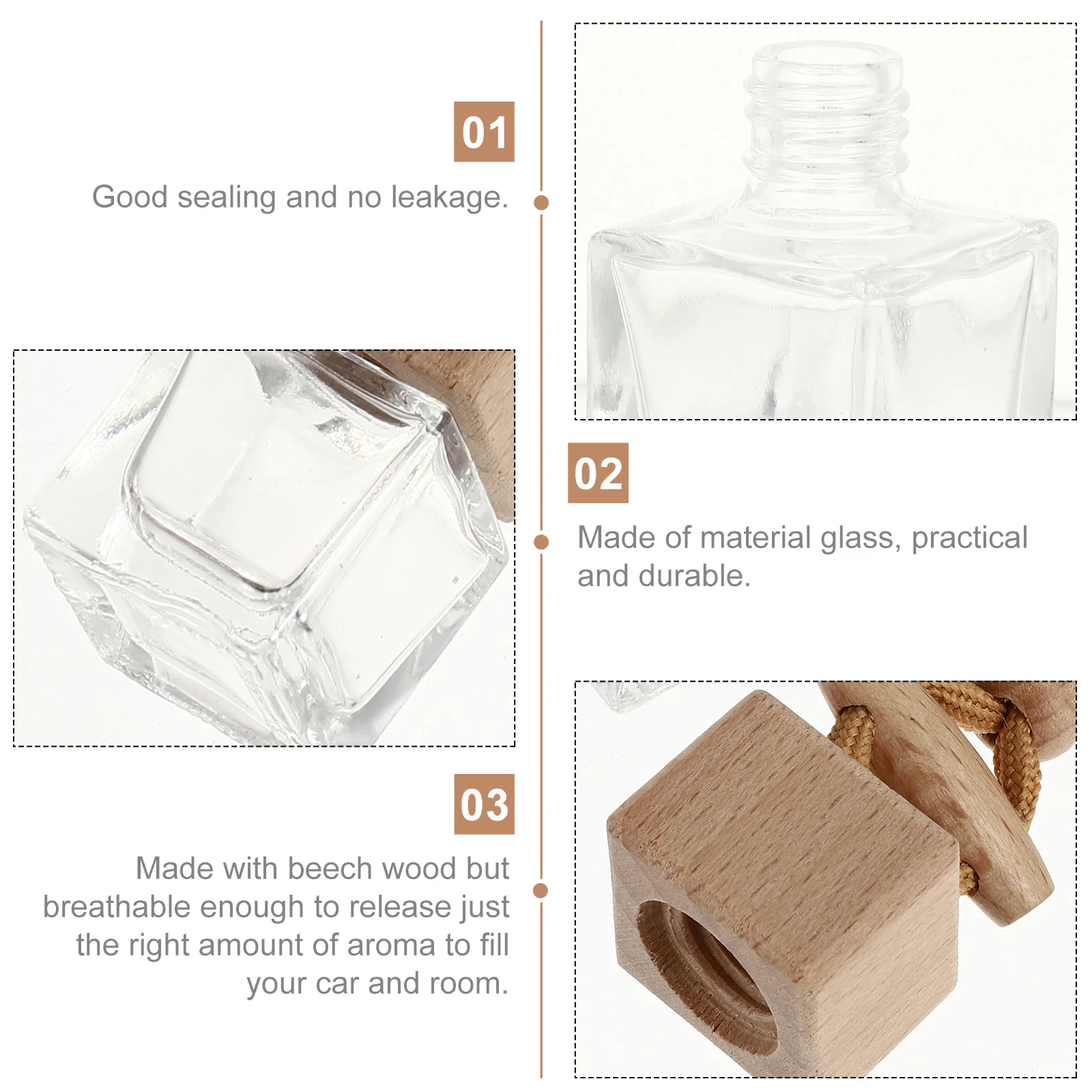 

5Pcs Car Aromatherapy Hanging Bottles Square Glass Beech Wood Cap Refillable Essential Oil Perfume Decor Car Interior Pendant