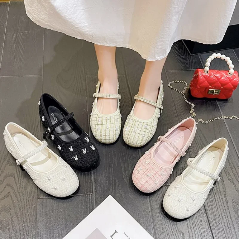 New Women\'s Flats Comfortable Fashion Casual Flats Women\'s Soft Buckle Thick Low Heel Square Head Shallow Mouth Flats 2024