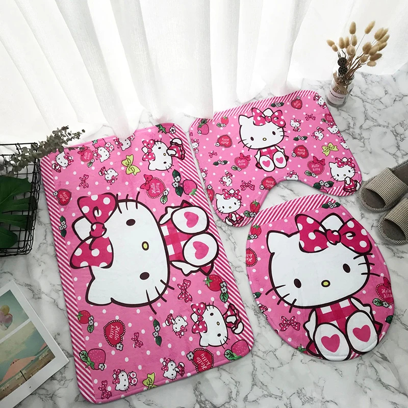 

3Pcs/set Kawaii Anime Hello Kitty Melody Flannel Sponge Non-Slip Floor Mat Cartoon Toilet Cover Pad Bathroom Mat Antiskid Carpet