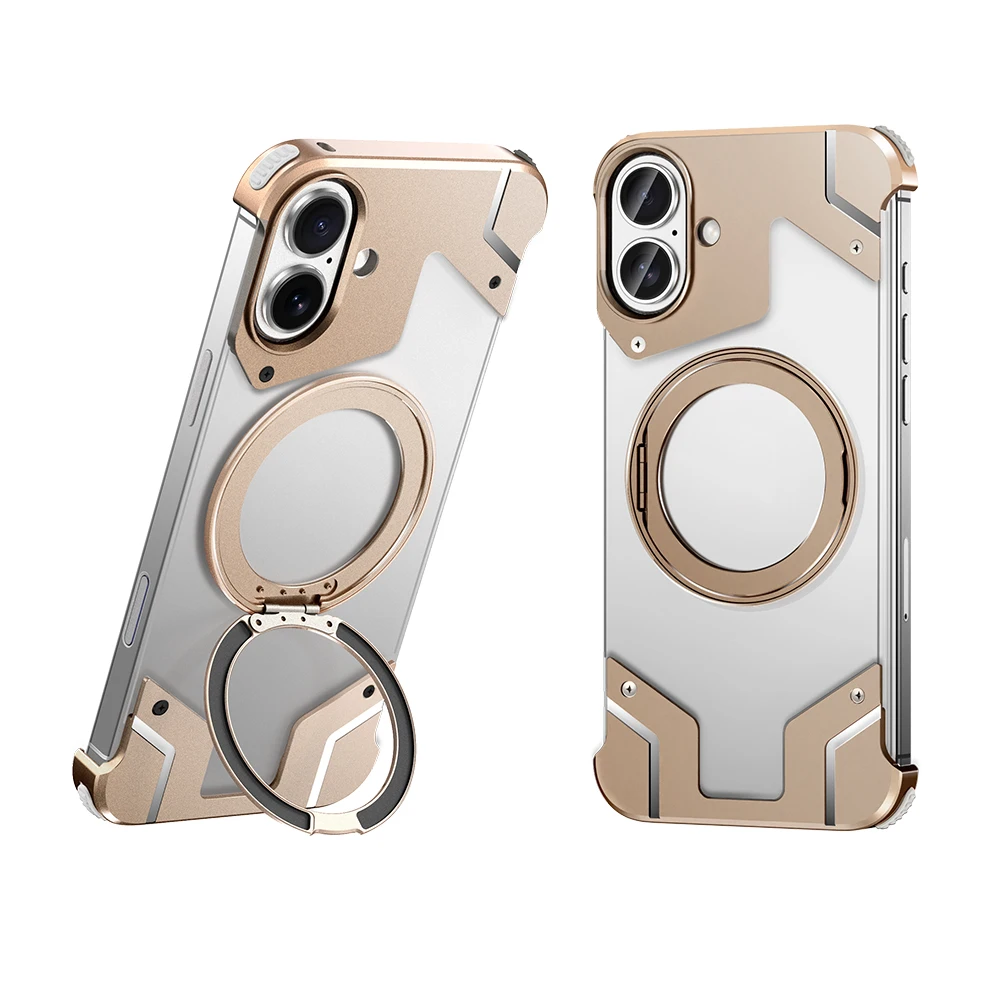 

Aluminum Metal Frameless Case For iPhone 16 Pro Max Cover 15 Plus 13 14 Rimless Clear PC Hard Back Skin Built-in Rotating Holder