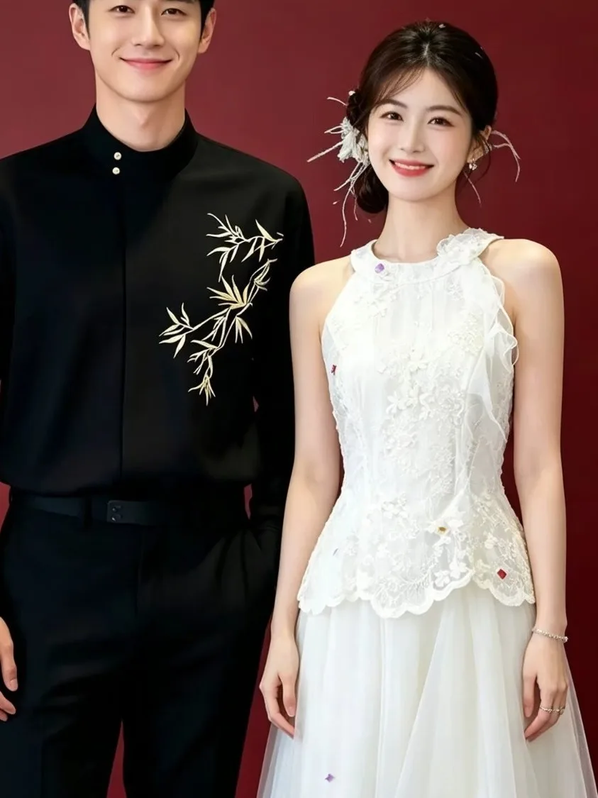 Chinese Style Men's Wedding Shirt Embroidered Bamboo Leaf Long Sleeve Stand Collar Formal Fashionable Youth Polyester Fiber