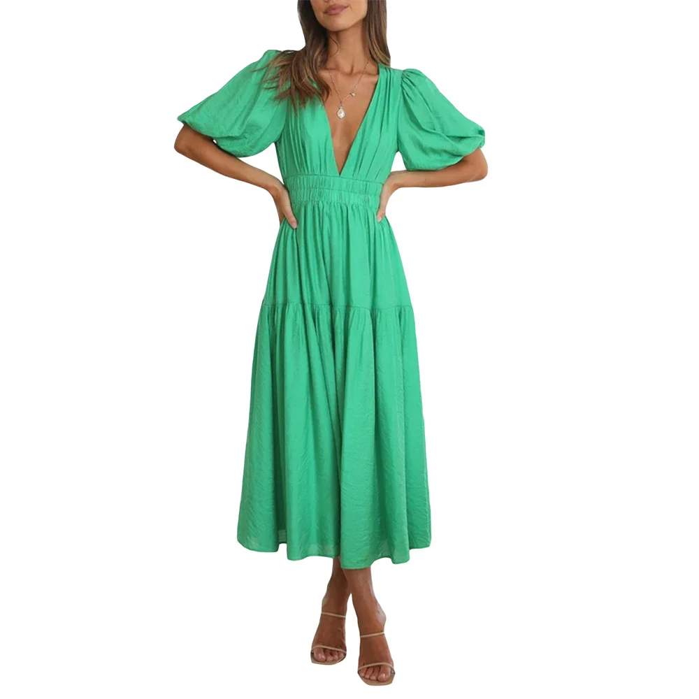 

Douhoow Fashion Trend Summer V-neck Mid-length Dress Women Solid Color Short Sleeve Pleated Dresses 2023 Vacation Female Clothes