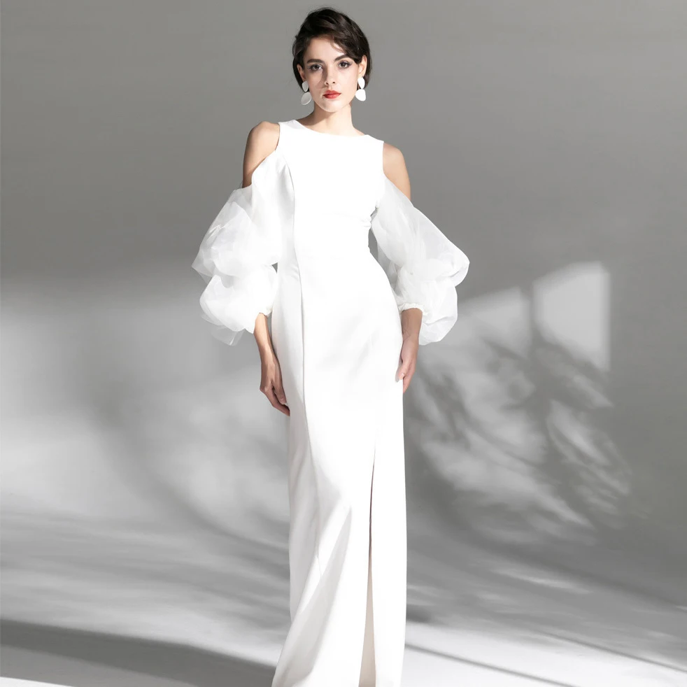 Banquet Evening Dress White Women Luxury Off Shoulder Puff Sleeve Wedding Dresses 2024 Elegant Sexy Slit Long Prom Party vestido