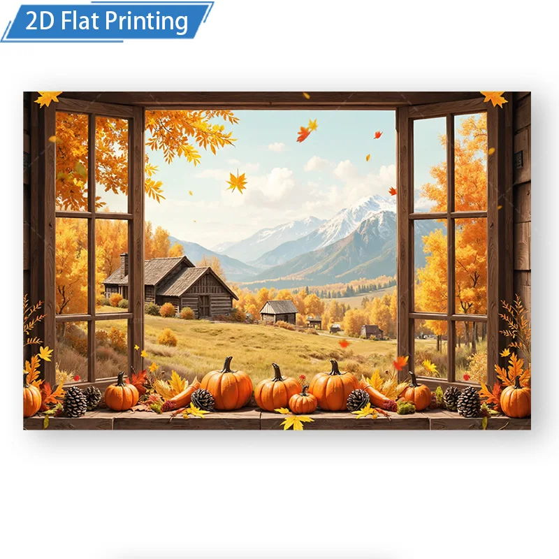 [2D شقة] 1 قطعة 4x16 بوصة علامة معدنية الخريف نافذة عرض اليقطين الحصاد مزرعة الجبل المشهد 2D شقة طباعة المعادن جدار الفن