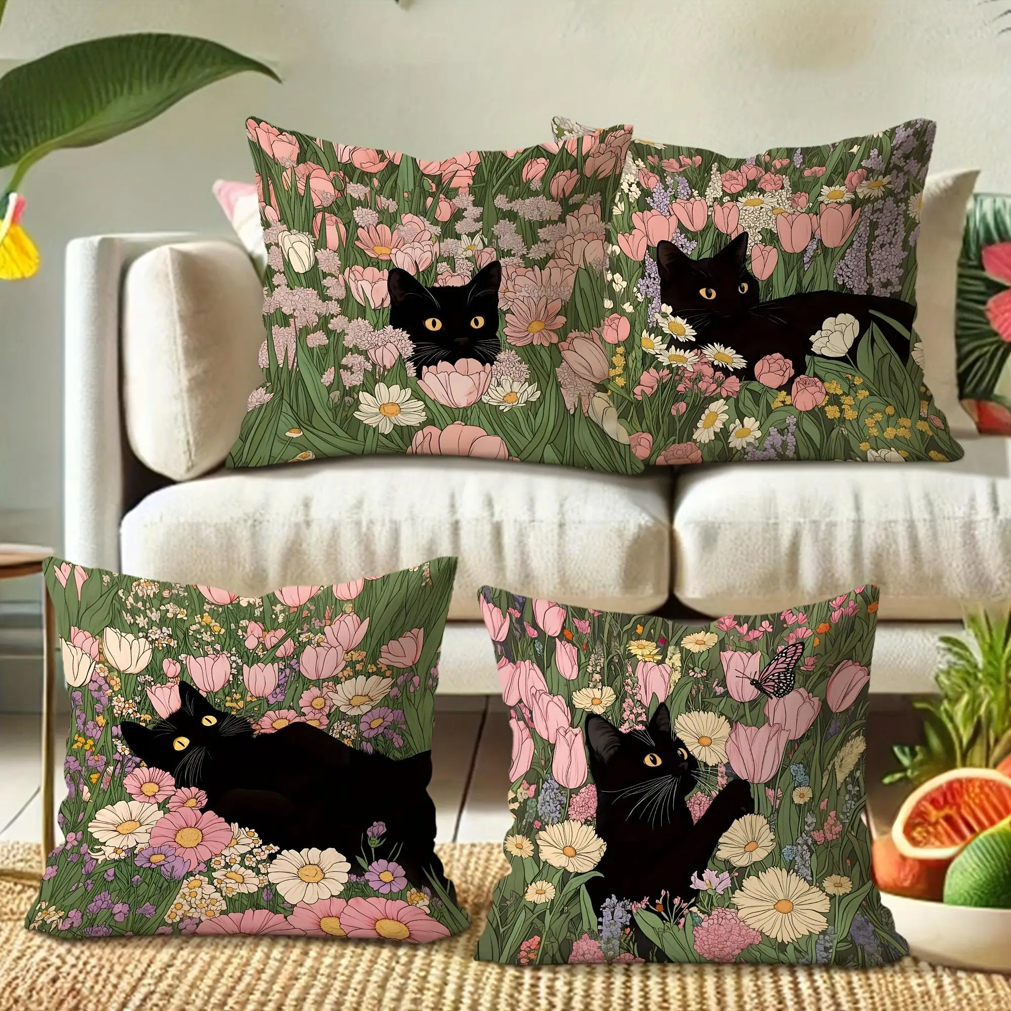 

Cat and floral patterns double-sided Printed pillow cover Short plush Suitable living rooms bedrooms sofas throw cushion cover