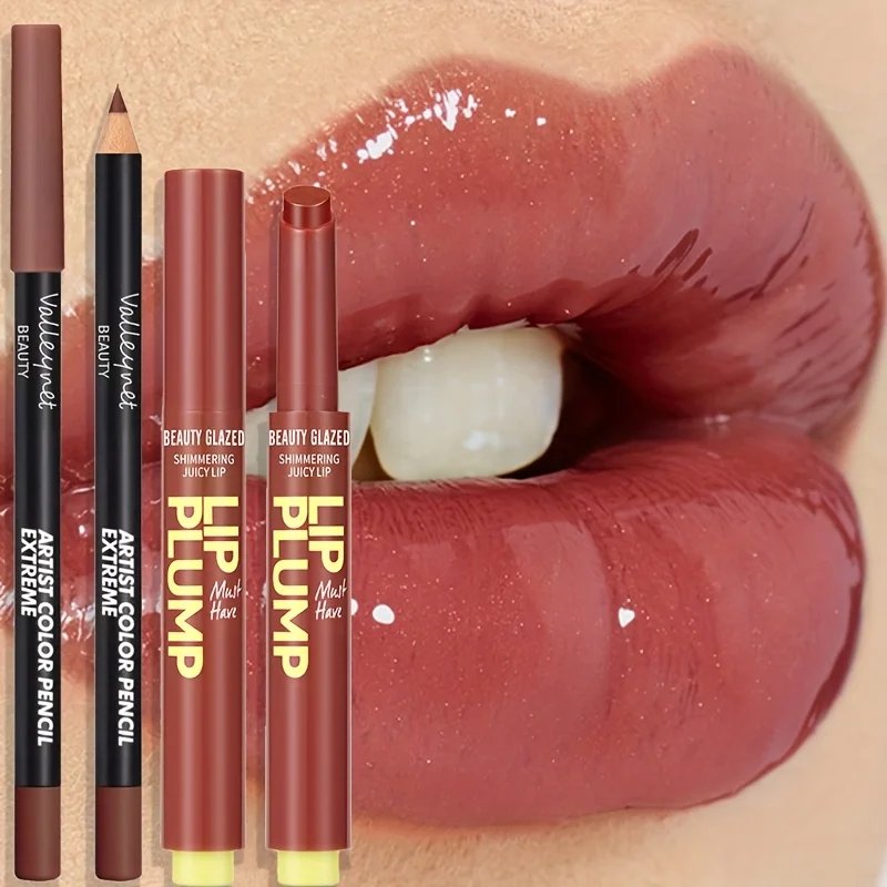 Zestaw 2 szt. nawilżającej pomadki z drobnym brokatem + drewniany konturówka do ust, matowa, długotrwała, wodoodporna formuła, łatwa w nakładaniu koloru.