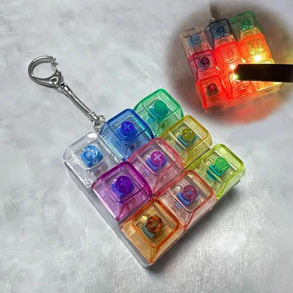 9 Keys LED Keyboard Key Toy Colorful Keycap Clear Clicker Decompression Fidget Keychain Pinch Toy Gentle Sound