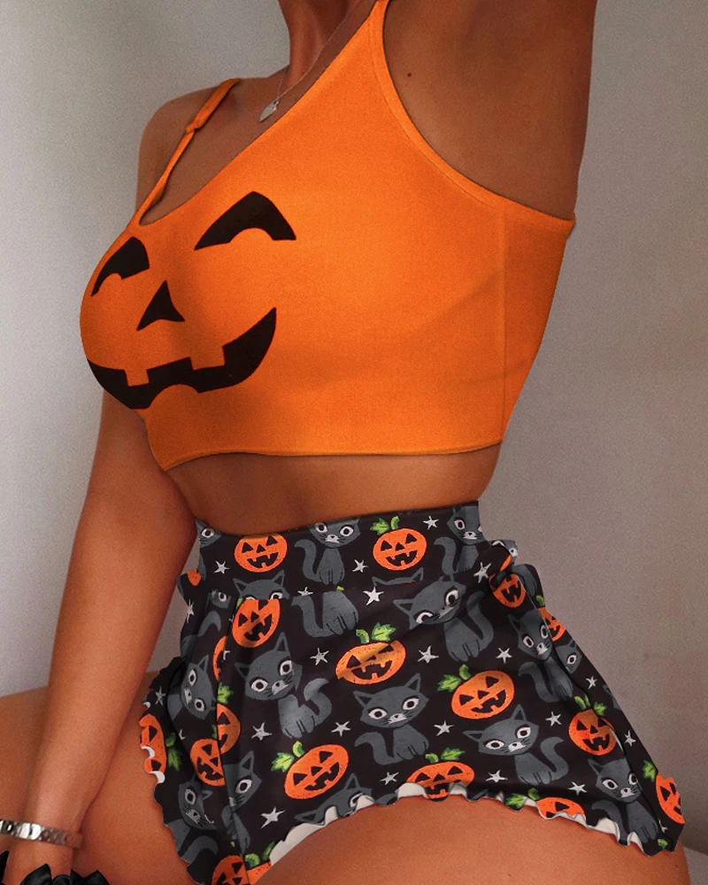 

Women's Pajama Set Street Trendy Casual Halloween Printed Spaghetti trap Round Neck Tank Crop Top and High Waist Shorts Set