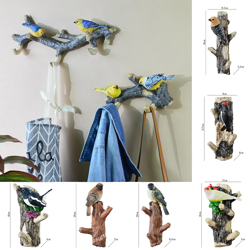 Creative Wall Hooks 3D Bird Decor Resin Wood Grain Vintage Hook Bedroom Door After Porch Bag Key Hooks Umbrella Coat Wall Hanger